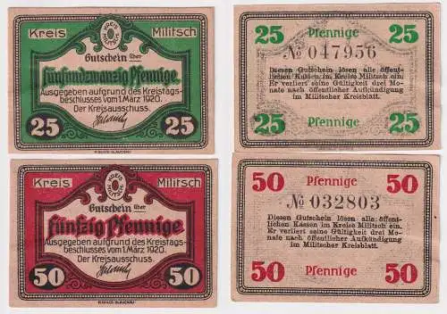 25 & 50 Pfennig Banknoten Notgeld Kreis Militsch in Schles. 1.März 1920 (168524)