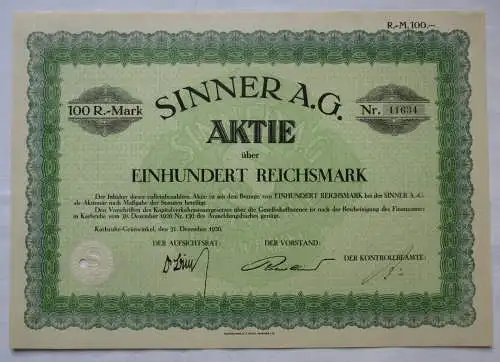 100 Reichsmark Stammaktie Sinner AG Karlsruhe-Grünwinkel 31. Dez. 1926 (152916)