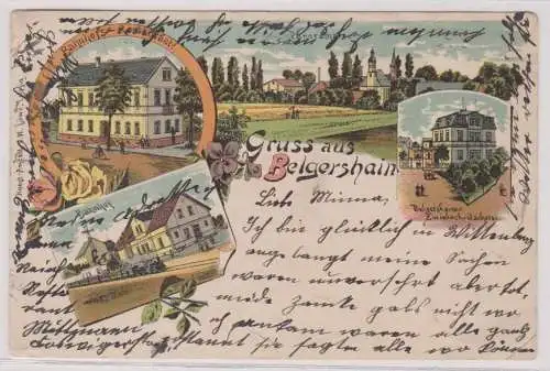 46986 Ak Lithographie Gruß aus Belgershain Gasthof, Bahnhof usw. 1901