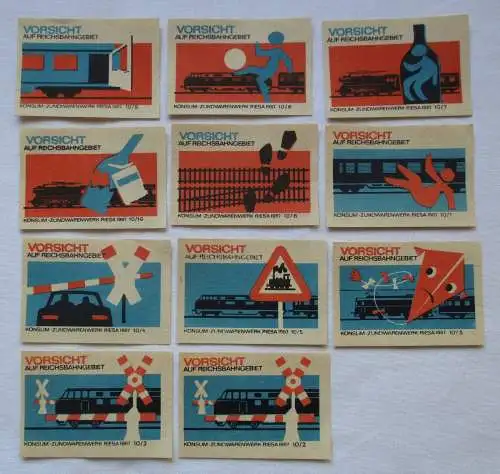 11x Streichholzetikett Serie Vorsicht auf Reichsbahngebiet Riesa 1967 (123927)