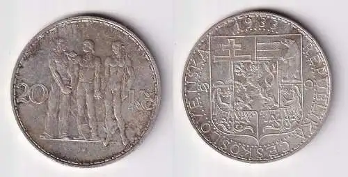 20 Kronen Silber Münze Tschechoslowakei 3 Menschen 1933 (130480)