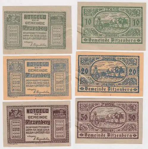 10,20 und 50 Heller Banknoten Notgeld Gemeinde Pitzenberg 1920 (169154)