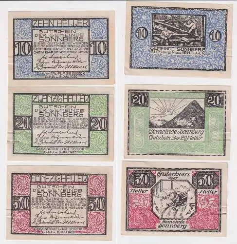 10, 20 & 50 Pfennig Banknoten Notgeld Gemeinde Sonnberg 1920 (169185)