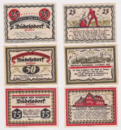 25, 50 & 75 Pfennig Banknoten Notgeld Gemeinde Büdelsdorf 1921 (168720)