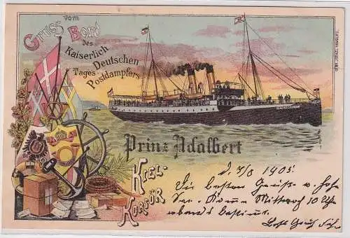 902638 Ak Gruß vom Bord des Postdampfers Prinz Adalbert Kiel Korsörs 1905