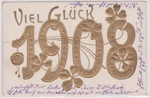 37714 Präge Neujahrs Ak Viel Glück mit Kleeblatt und Hufeisen 1908