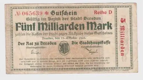 5 Milliarden Mark Banknote Stadthauptkasse Dresden 15.10.1923 (162229)