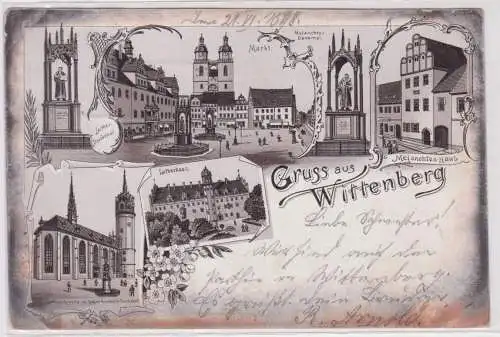 82680 Lithographie Ak Gruss aus Wittenberg - Markt, Denkmal, Lutherhaus usw 1899