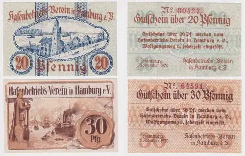 20 & 30 Pf Banknoten Notgeld Hafenbetriebs Verein in Hamburg ohne Datum (162372)