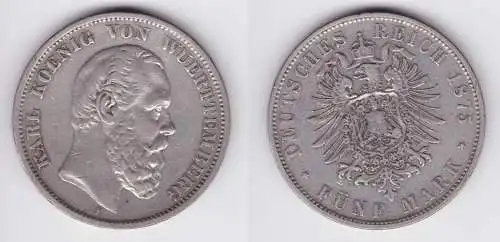 5 Mark Silbermünze Württemberg König Karl 1875 Jäger 173 ss (162479)