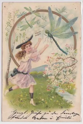 00184 Glückwunsch Präge Ak Mädchen mit Libellen Fröhliche Pfingsten 1905