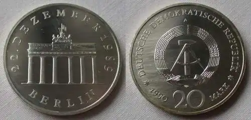 DDR Gedenk Münze 20 Mark Brandenburger Tor Silber 1990 Stempelglanz (139945)