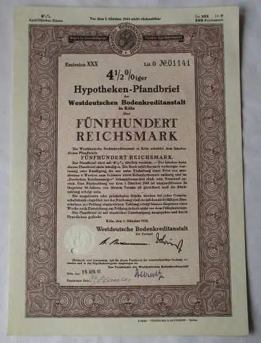 500 RM Pfandbrief Westdeutsche Bodenkreditanstalt Köln 1. Oktober 1939 (153951)