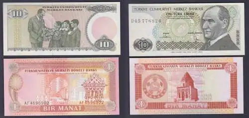 1 Manat Banknote Turkmenistan 1993 kassenfrisch UNC + 10 Lira Türkei (162284)