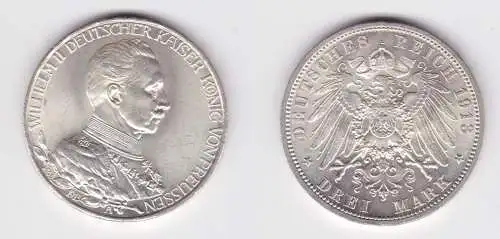 3 Mark Silbermünze Preussen Kaiser in Uniform 1913 Jäger 112 vz (108439)
