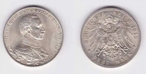 3 Mark Silbermünze Preussen Kaiser in Uniform 1913 Jäger 112 vz (108145)