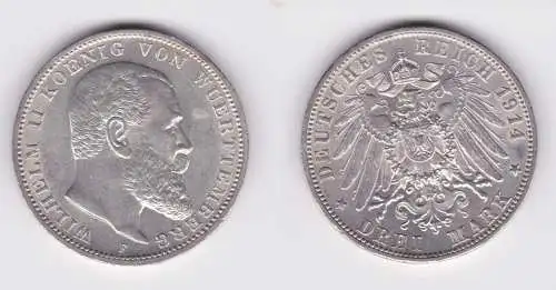 3 Mark Silber Münze Wilhelm II König von Württemberg 1914 vz (101030)