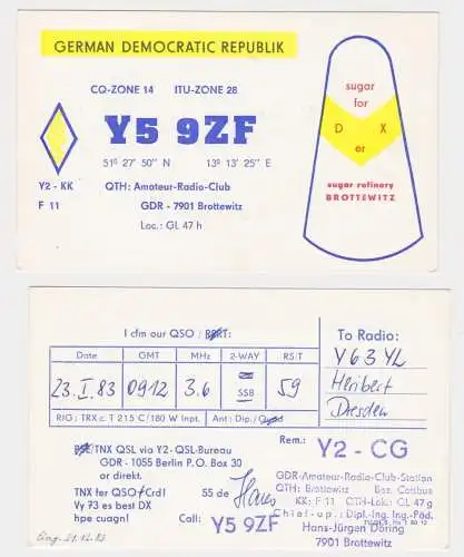 22069 QSL Karte Amateur Funker DDR Brottewitz Zucker Raffinerie 1983
