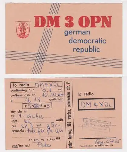 901186 QSL Karte Amateur Funker DDR Werdau mit Stadtwappen 1964