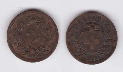 2 Rappen Kupfer Münze Schweiz 1850 A ss (162329)