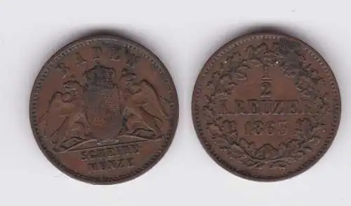 1/2 Kreuzer Kupfer Münze Baden 1863 ss (162007)