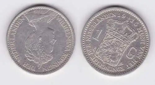 1 Gulden Silber Münze Niederlande Wilhelmina 1915 ss (162337)