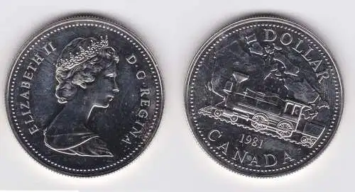 1 Dollar Silbermünze Kanada Dampflokomotive vor Landkarte von Kanada 1981(160383