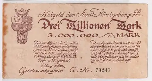 Banknote Inflation Königsberg in Ostpr. 3 Millionen Mark 6.8.1923 (144780)