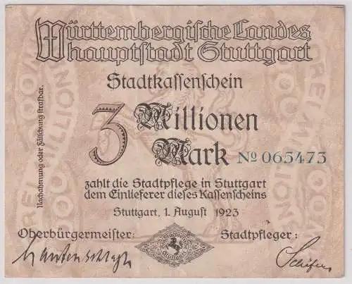 3 Millionen Banknoten Inflation Landeshauptstadt 1.8.Stuttgart 1923 (137584)