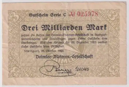 3 Milliarden Mark Banknote Inflation Stuttgart Daimler Motoren Ges.1923 (130558)