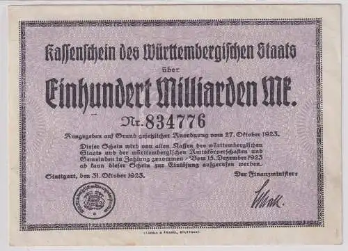 100 Milliarden Mark 31.10.1923 Notgeldschein Stuttgart (134188)