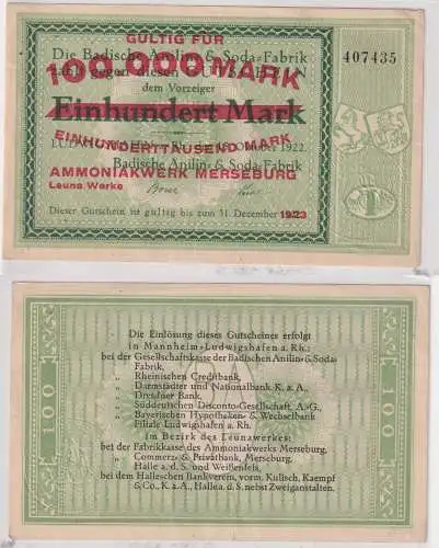 100000 Mark Banknote Leuna Werke AG Anilin Fabrikation Merseburg 1923 (144083)