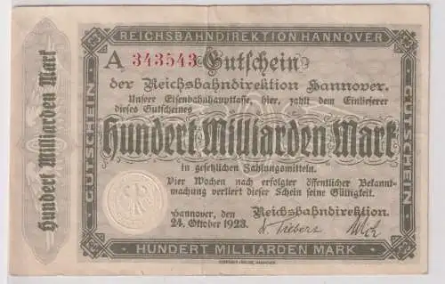 100 Milliarden Mark Banknote Reichsbahndirektion Hannover 24.10.1923 (142951)