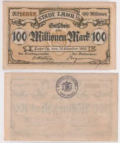 Banknote Inflation 100 Millionen Mark Stadt Lahr i.B. 1923 (141236)