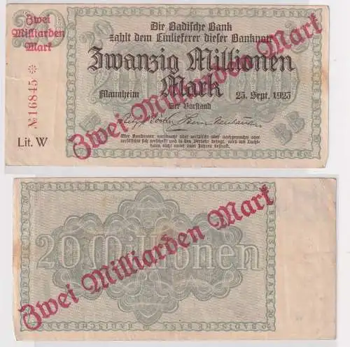 2 Milliarden Mark Banknote Badische Bank Mannheim 1923 Überdruck (146007)