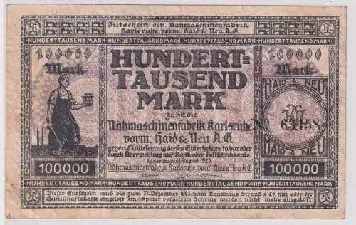 100000 Mark Banknote Nähmaschinenfabrik Karlsruhe 1.8.1923 (147368)
