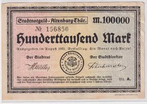Banknote Inflation 100000 Mark Stadt Altenburg August 1923 (147274)