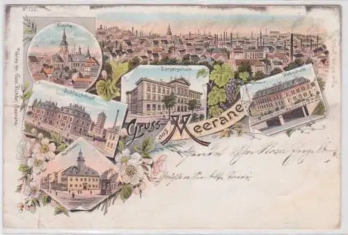 82383 Ak Lithographie Gruß aus Meerane Schlachthof, Webschule usw. 1898