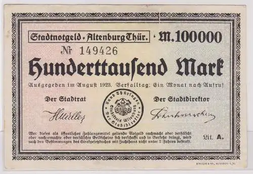 Banknote Inflation 100000 Mark Stadt Altenburg in Thüringen 1923 (157678)