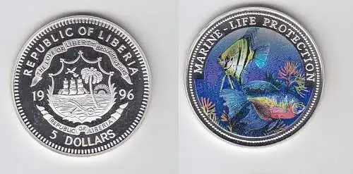 5 Dollar Farb Silber Münze Liberia 1996 Marine Life Protection  (116539)
