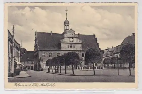 44740 Ak Belgern an der Elbe - Marktplatz mit Roland Statue und Rathaus 1937