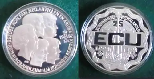 25 ECU Silber Münzen Niederlande 1992 Regierungsjubiläum Königin Beatrix(125748)
