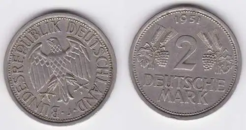 2 Mark Nickel Münze BRD Trauben und Ähren 1951 J (120398)