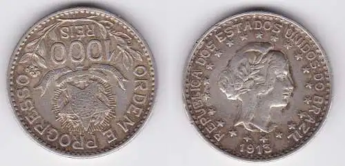 1000 Reis Silber Münze Brasilien 1913 (122413)
