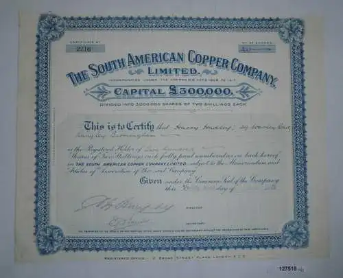 200 Aktien à 2 Shillings The South American Copper Company 29.Juni 1928 (127516)