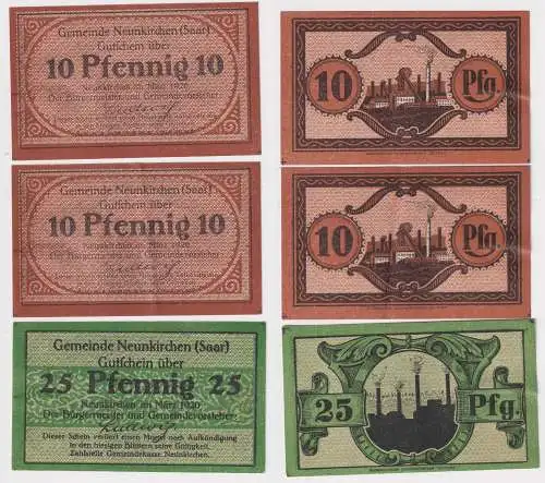 2 x 10 und 25 Pfennig Banknote Notgeld Gemeinde Neunkirchen Saar 1920 (157896)