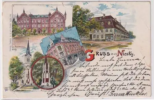 903257 Ak Lithographie Gruß aus Niesky Missionshaus, Kriegerdenkmal usw. 1901
