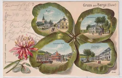 60128 Kleeblatt Ak Lithographie Gruß aus Berga (Elster) Post, Schützenhaus 1907