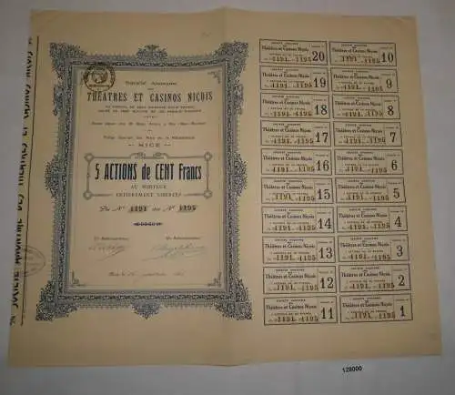 5 Aktien à 100 Franc Théatres et Casinos Niçois Nice 15. Januar 1925 (128000)
