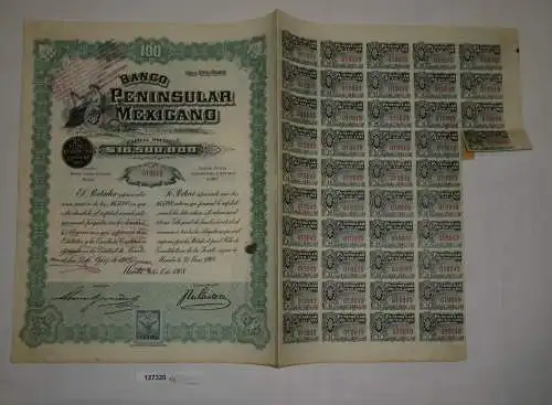 100 Peso Aktie Banco Peninsular Mexicano Mérida 1. Juli 1908 (127320)